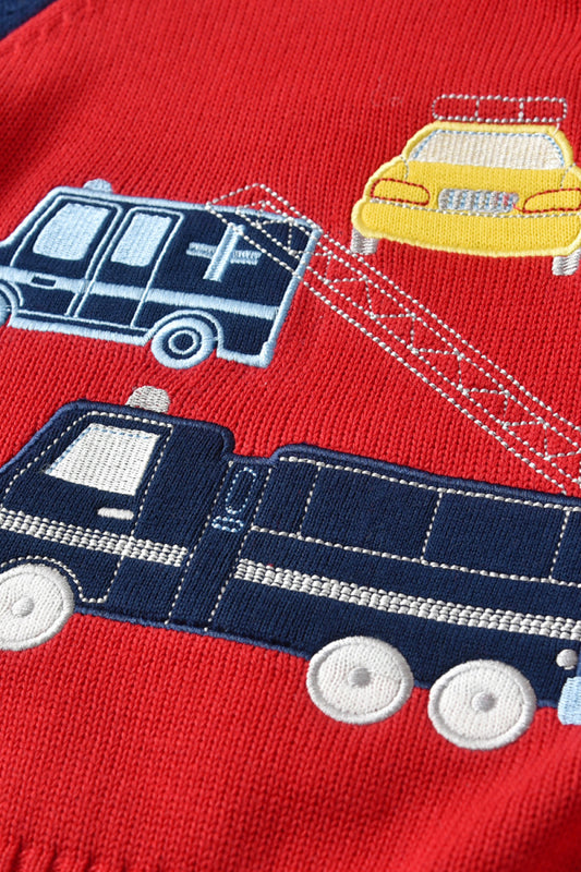 Kids Car Pattern Raglan Embroidered Sweater